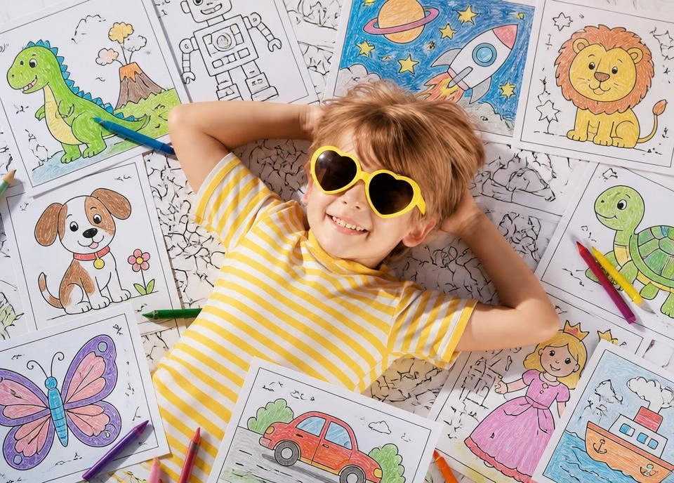 Niño rodeado de dibujos para colorear, lápices de colores y hojas ilustradas